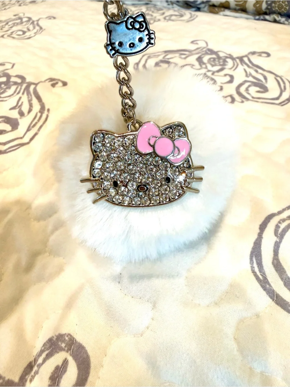 Hello Kitty White Faux Fur Pom with Pink Bow and Rhinestone Face Keychain